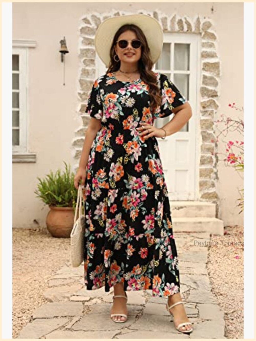 Plus Size Maxi Dress Ditsy Floral Print Boho Layered Flared with Pockets - Picture 4 of 7